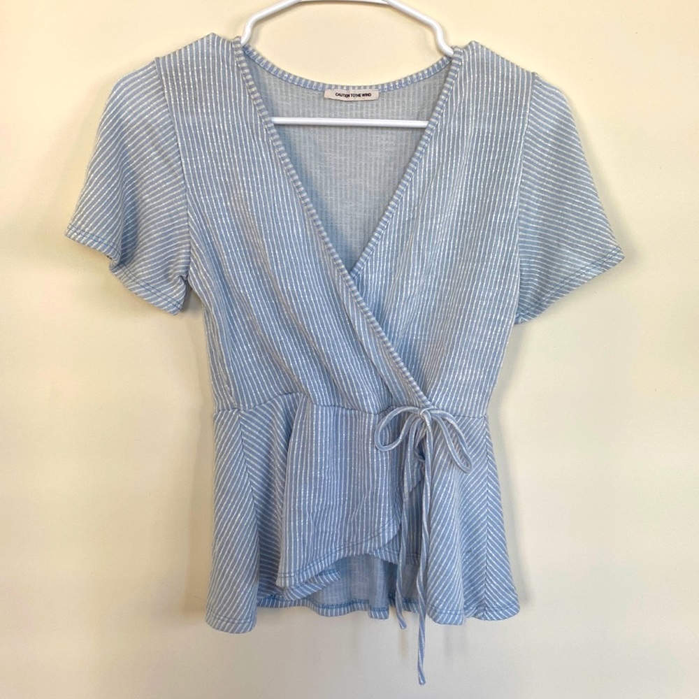CAUTION TO THE WIND blue/white striped top with tie waist